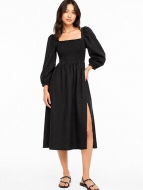 J.Crew Black Linen Smocked Puff Sleeve Midi Dress Small Cottagecore Quiet Luxury